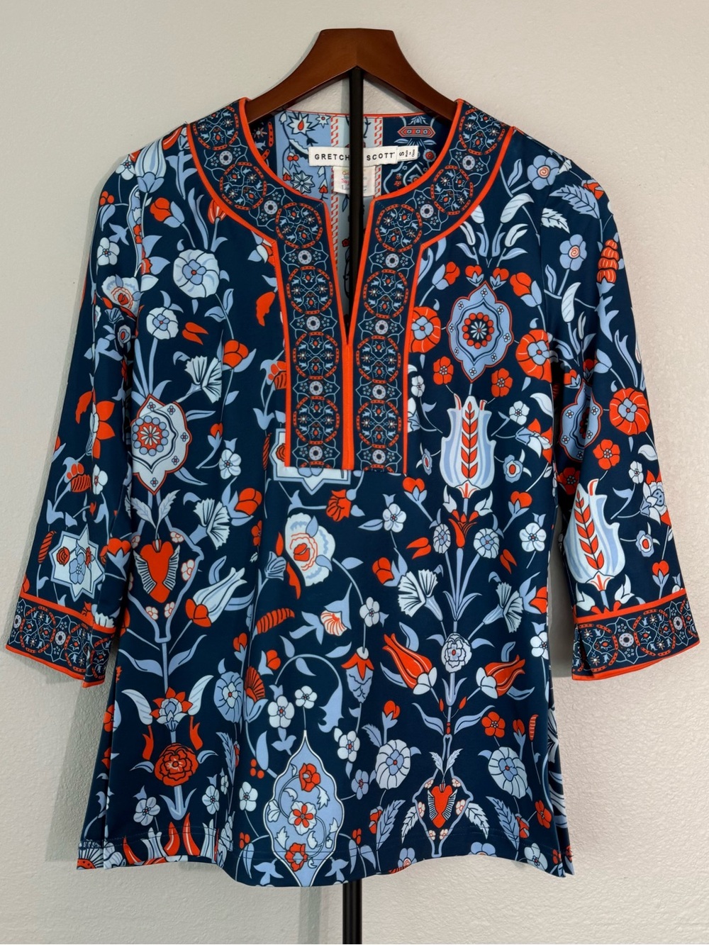 Gretchen Scott Navy Floral Print Tunic Top Orange Trim 3/4 Sleeve Women Size S - Picture 5 of 9